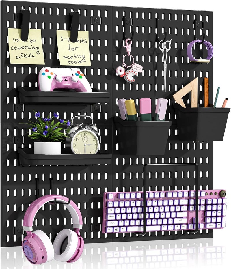 AKTOP Peg Board Wall Organizer 4-Pack – 12"x12" Black Pegboard Combination Kit with 13 Accessories for Wall, Plastic Peg Board Panels for Home, Office, Garage Tool Storage & Craft Room - Image 1